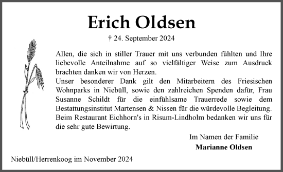 Traueranzeige von Erich Oldsen von Husumer Nachrichten, Nordfriesland Tageblatt