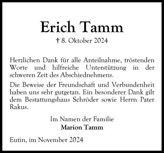 Traueranzeige von Erich Tamm von Ostholsteiner Anzeiger
