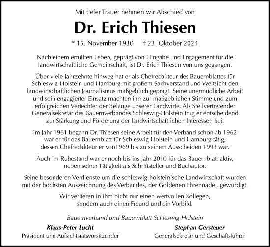 Traueranzeige von Erich Thiesen von Schleswig-Holsteinische Landeszeitung