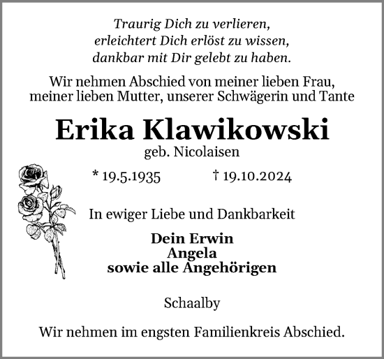 Traueranzeige von Erika Klawikowski von Schleswiger Nachrichten, Schlei-Bote