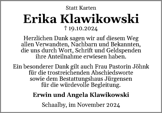 Traueranzeige von Erika Klawikowski von Schleswiger Nachrichten, Schlei-Bote