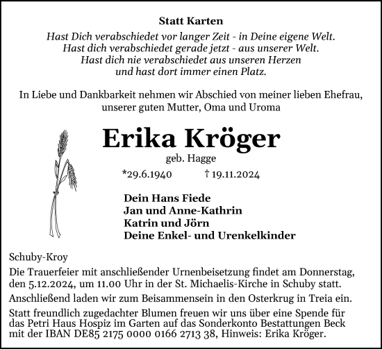 Traueranzeige von Erika Kröger von Schleswiger Nachrichten, Schlei-Bote