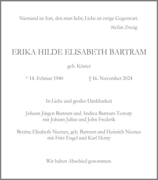 Traueranzeige von Erika Hilde Elisabeth Bartram von Holsteinischer Courier