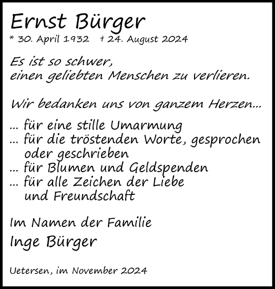 Traueranzeige von Ernst Bürger von Uetersener Nachrichten, Der tip am Wochenende
