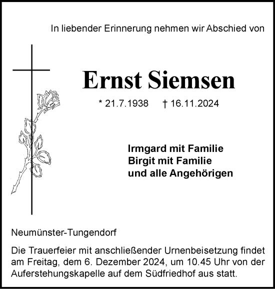Traueranzeige von Ernst Siemsen von Holsteinischer Courier