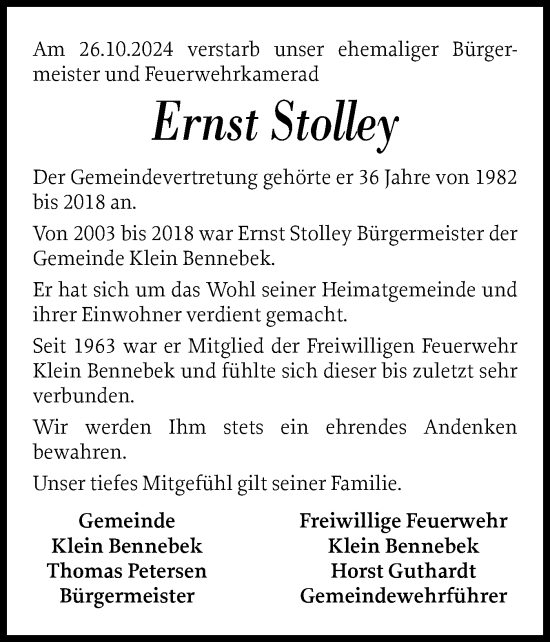 Traueranzeige von Ernst Stolley von Schleswig-Holsteinische Landeszeitung