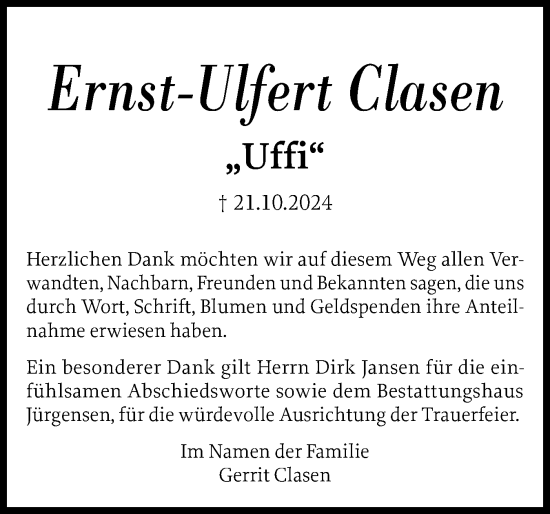 Traueranzeige von Ernst-Ulfert Clasen von Schleswiger Nachrichten, Schlei-Bote