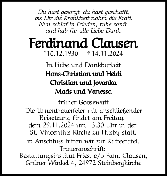 Traueranzeige von Ferdinand Clausen von Flensburger Tageblatt