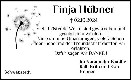 Traueranzeige von Finja Hübner von Husumer Nachrichten, Nordfriesland Tageblatt