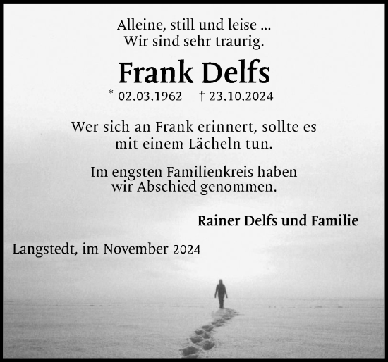 Traueranzeige von Frank Delfs von Flensburger Tageblatt