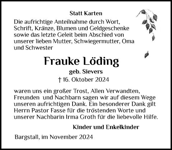 Traueranzeige von Frauke Löding von Schleswig-Holsteinische Landeszeitung
