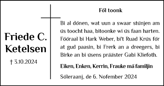 Traueranzeige von Friede Ketelsen von Der Insel-Bote