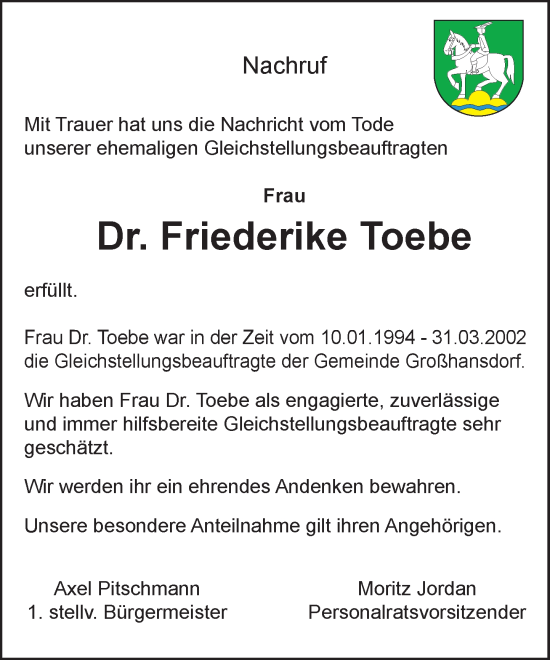 Traueranzeige von Friederike Toebe von Stormaner Tageblatt