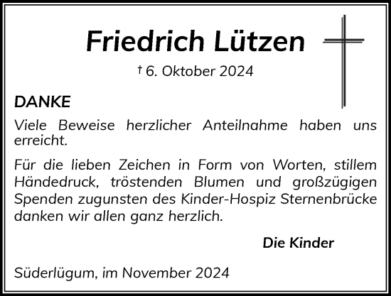 Traueranzeige von Friedrich Lützen von Husumer Nachrichten, Nordfriesland Tageblatt