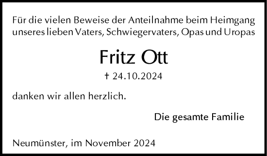Traueranzeige von Fritz Ott von Holsteinischer Courier