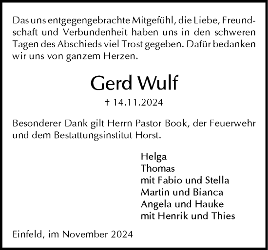 Traueranzeige von Gerd Wulf von Holsteinischer Courier