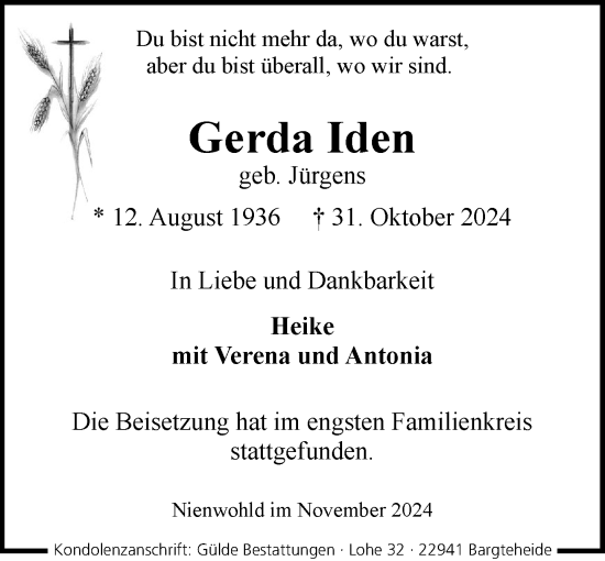 Traueranzeige von Gerda Iden von Stormaner Tageblatt
