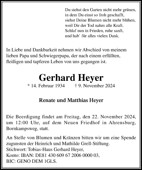 Traueranzeige von Gerhard Heyer von Stormaner Tageblatt