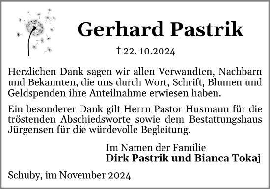Traueranzeige von Gerhard Pastrik von Schleswiger Nachrichten, Schlei-Bote