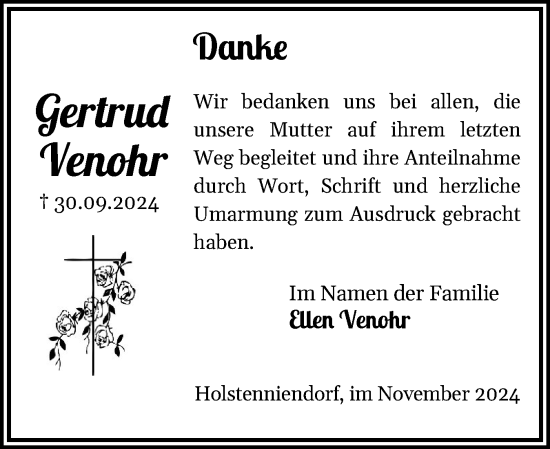 Traueranzeige von Gertrud Venohr von Norddeutsche Rundschau, Wilstersche Zeitung, Glückstädter Fortuna