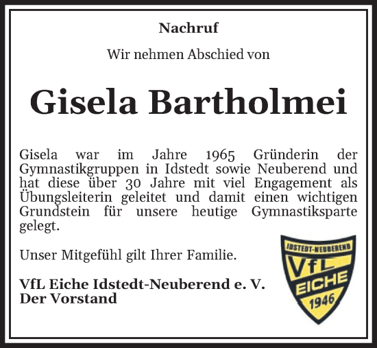 Traueranzeige von Gisela Bartholmei von Schleswiger Nachrichten, Schlei-Bote