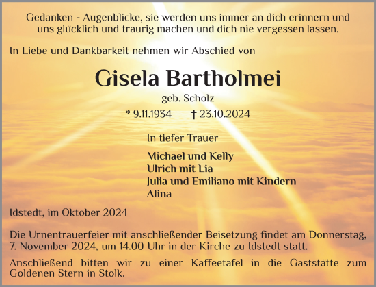 Traueranzeige von Gisela Bartholmei von Schleswiger Nachrichten, Schlei-Bote