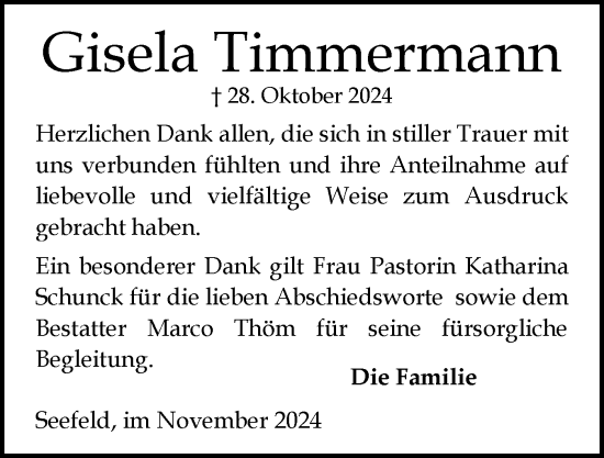 Traueranzeige von Gisela Timmermann von Schleswig-Holsteinische Landeszeitung