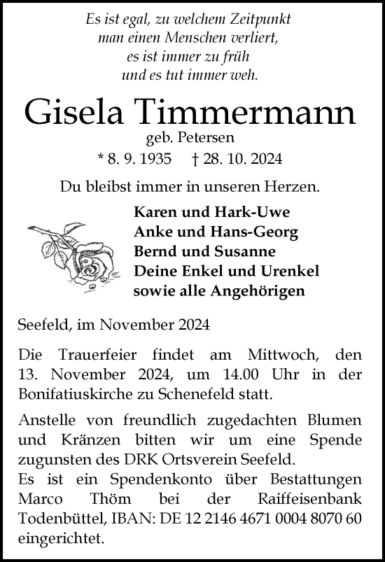 Traueranzeige von Gisela Timmermann von Schleswig-Holsteinische Landeszeitung