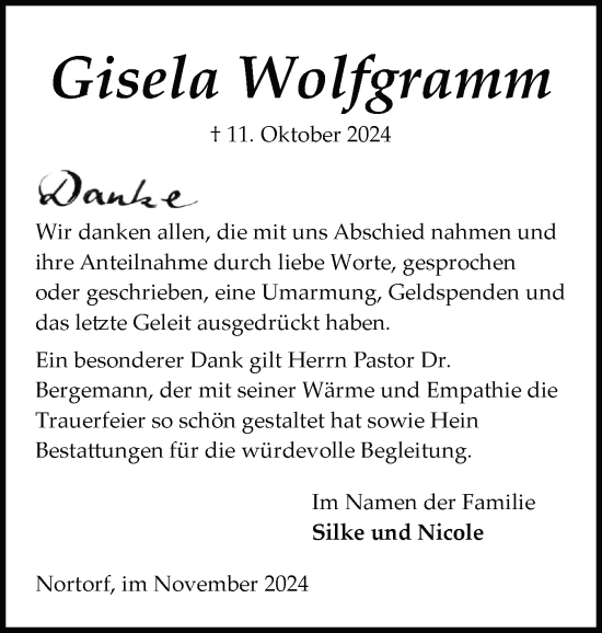 Traueranzeige von Gisela Wolfgramm von Schleswig-Holsteinische Landeszeitung