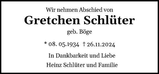 Traueranzeige von Gretchen Schlüter von Norddeutsche Rundschau, Wilstersche Zeitung, Glückstädter Fortuna