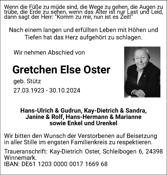 Traueranzeige von Gretchen Else Oster von Schleswiger Nachrichten, Schlei-Bote