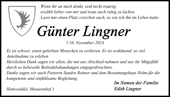 Traueranzeige von Günter Lingner von Schleswig-Holsteinische Landeszeitung