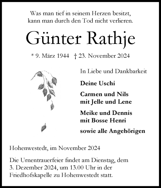 Traueranzeige von Günter Rathje von Schleswig-Holsteinische Landeszeitung
