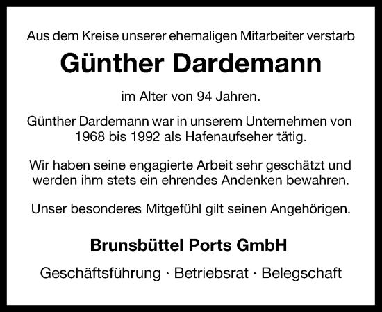Traueranzeige von Günther Dardemann von Norddeutsche Rundschau, Wilstersche Zeitung, Glückstädter Fortuna