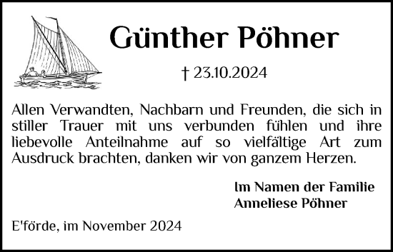 Traueranzeige von Günther Pöhner von Eckernförder Zeitung, Hallo Eckernförde