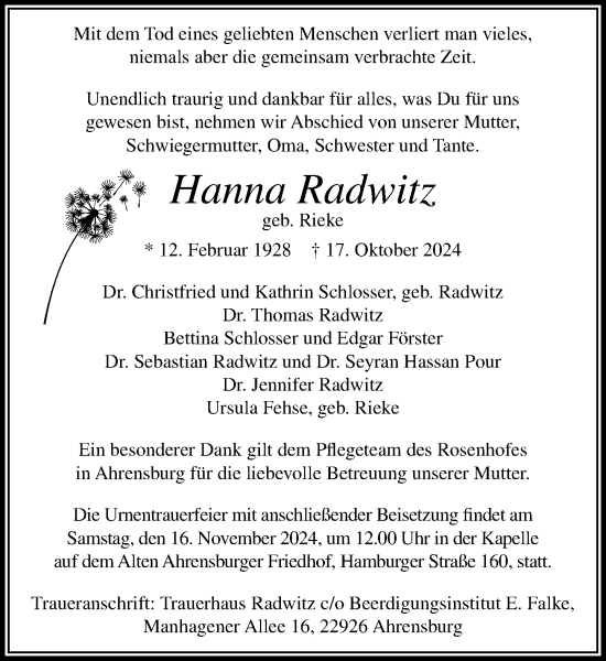 Traueranzeige von Hanna Radwitz von Stormaner Tageblatt