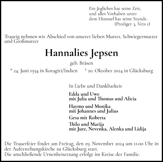 Traueranzeige von Hannalies Jepsen von Flensburger Tageblatt