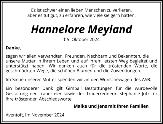 Traueranzeige von Hannelore Meyland von Husumer Nachrichten, Nordfriesland Tageblatt