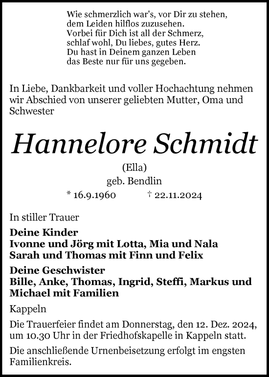 Traueranzeige von Hannelore Schmidt von Schleswiger Nachrichten, Schlei-Bote
