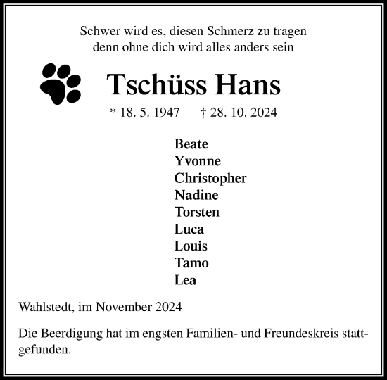Traueranzeige von Hans  von Stormaner Tageblatt