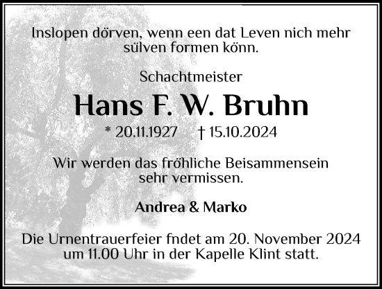 Traueranzeige von Hans Bruhn von Schleswig-Holsteinische Landeszeitung