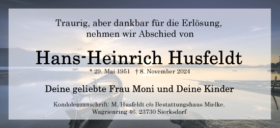 Traueranzeige von Hans-Heinrich Husfeldt von Holsteinischer Courier