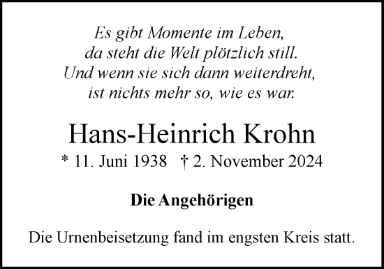 Traueranzeige von Hans-Heinrich Krohn von Elmshorner Nachrichten, Barmstedter Zeitung