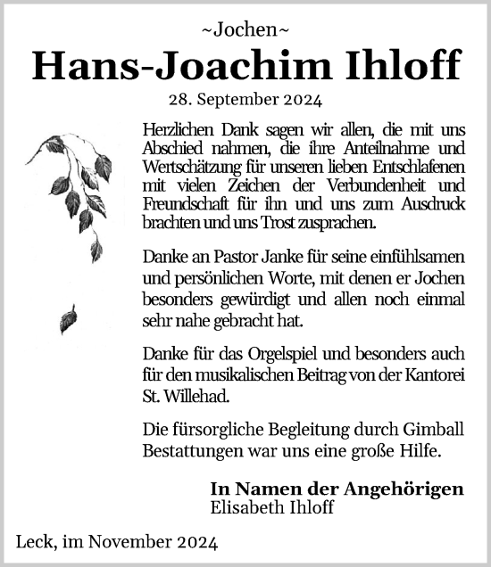 Traueranzeige von Hans-Joachim Ihloff von Husumer Nachrichten, Nordfriesland Tageblatt