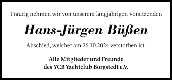 Traueranzeige von Hans-Jürgen Büßen von Schleswig-Holsteinische Landeszeitung