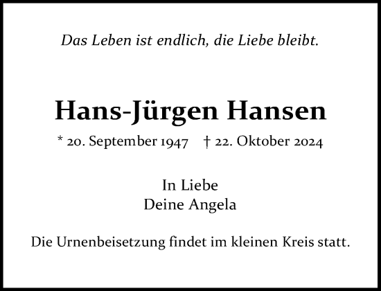 Traueranzeige von Hans-Jürgen Hansen von Stormaner Tageblatt