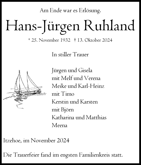 Traueranzeige von Hans-Jürgen Ruhland von Norddeutsche Rundschau, Wilstersche Zeitung, Glückstädter Fortuna