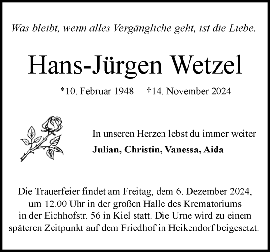 Traueranzeige von Hans-Jürgen Wetzel von Holsteinischer Courier