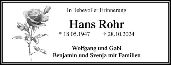 Traueranzeige von Hans Rohr von Stormaner Tageblatt