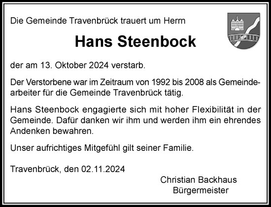 Traueranzeige von Hans Steenbock von Stormaner Tageblatt